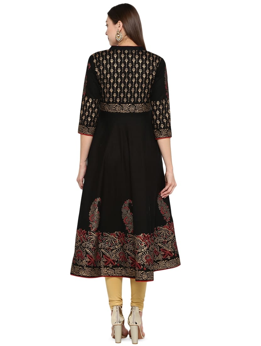 Black Cotton Printed Anarkali Kurta – 48" Length
