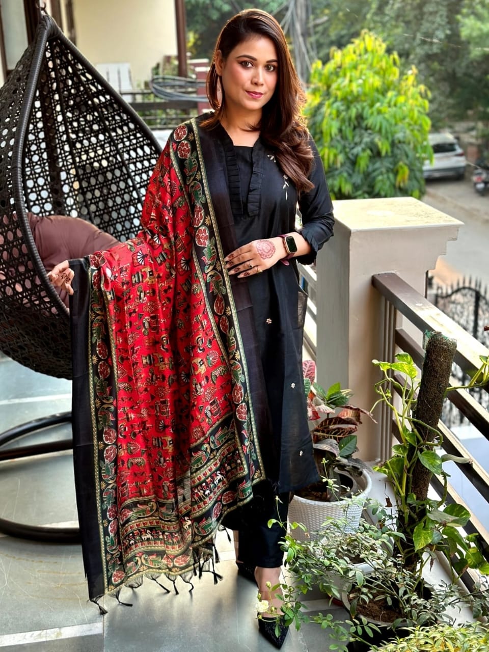 Black Cotton Slub Kurti Pant Set with Embroidery & Silk Dupatta – Frill Detailing