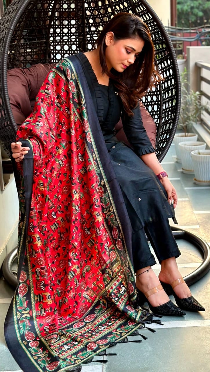 Black Cotton Slub Kurti Pant Set with Embroidery & Silk Dupatta – Frill Detailing
