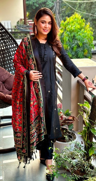 Black Cotton Slub Kurti Pant Set with Embroidery & Silk Dupatta – Frill Detailing