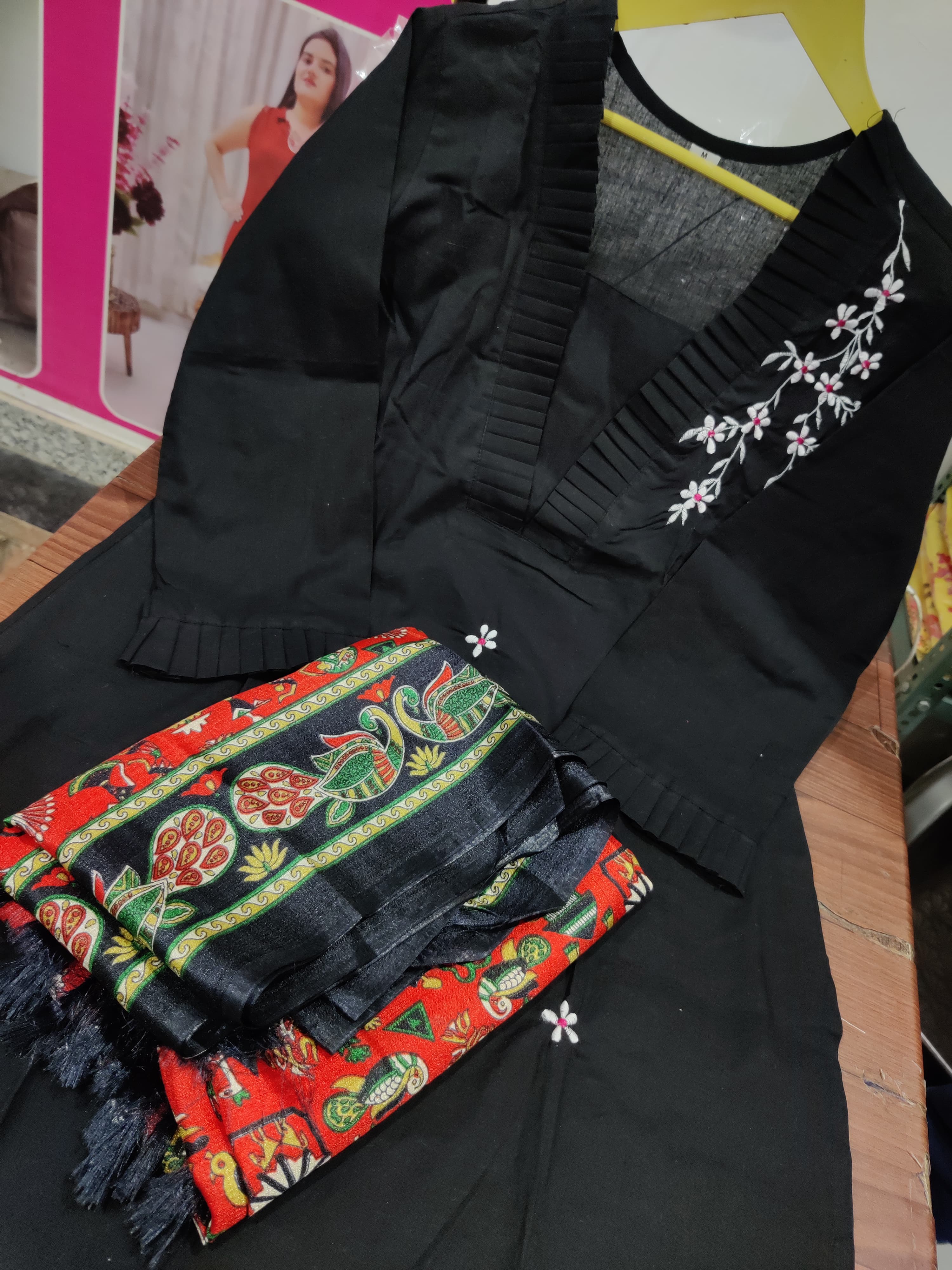 Black Cotton Slub Kurti Pant Set with Embroidery & Silk Dupatta – Frill Detailing