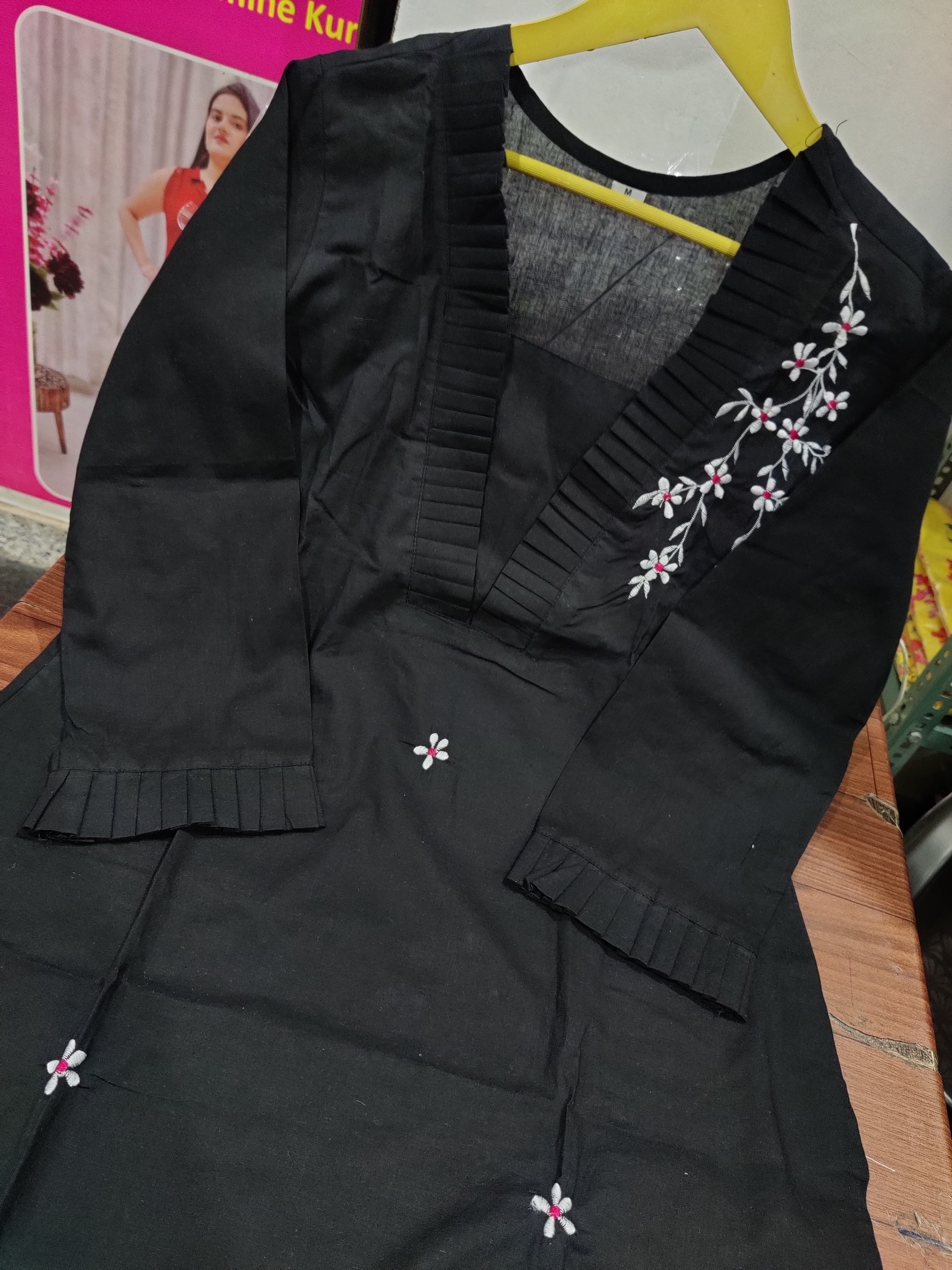 Black Cotton Slub Kurti Pant Set with Embroidery & Silk Dupatta – Frill Detailing