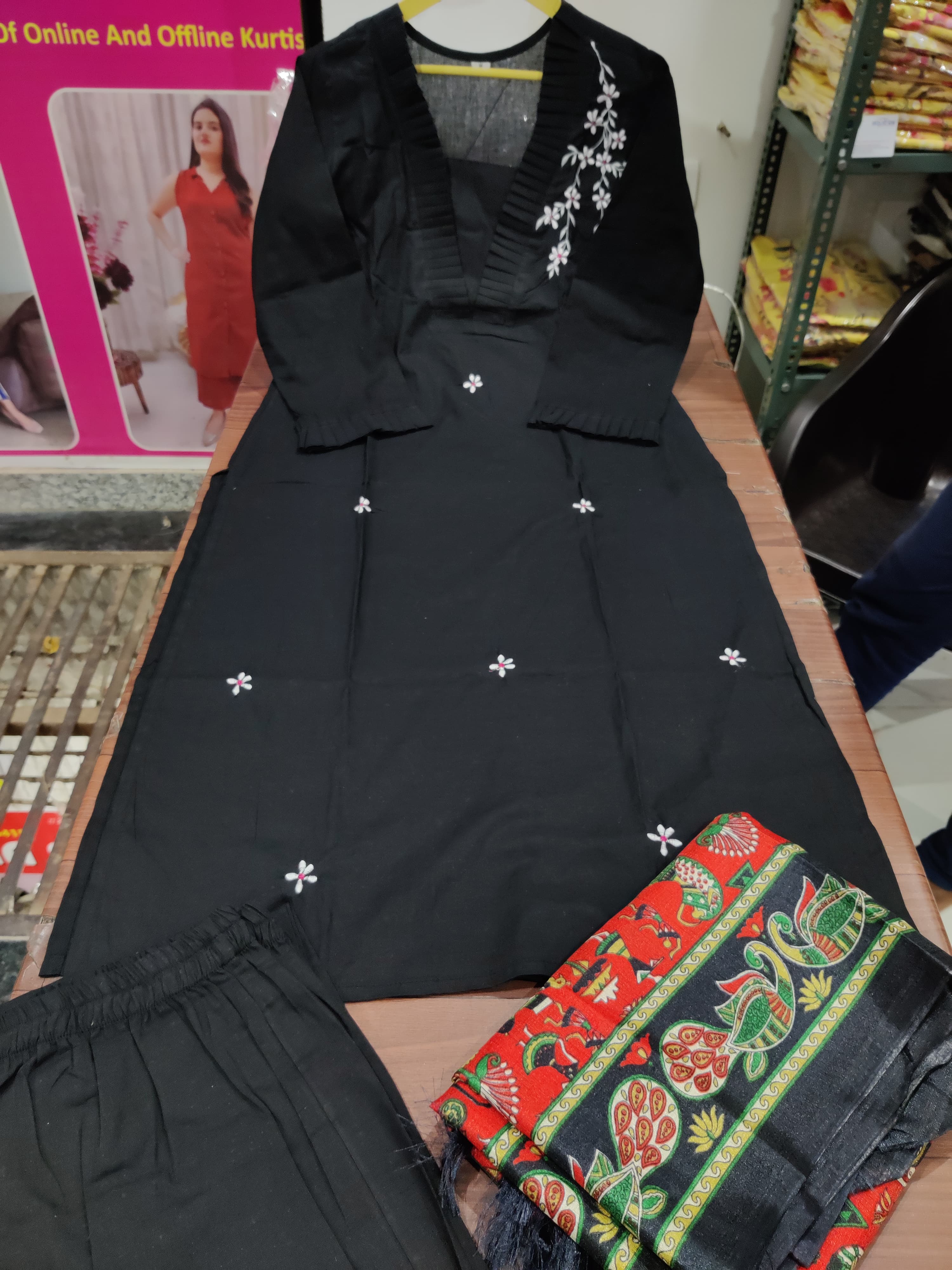 Black Cotton Slub Kurti Pant Set with Embroidery & Silk Dupatta – Frill Detailing