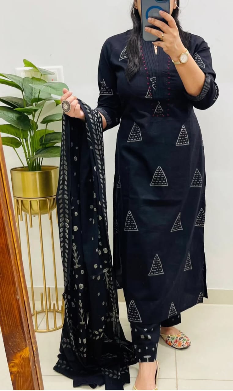 Black Cotton Suit with Thread Work on Yoke | Block Cotton Fabric