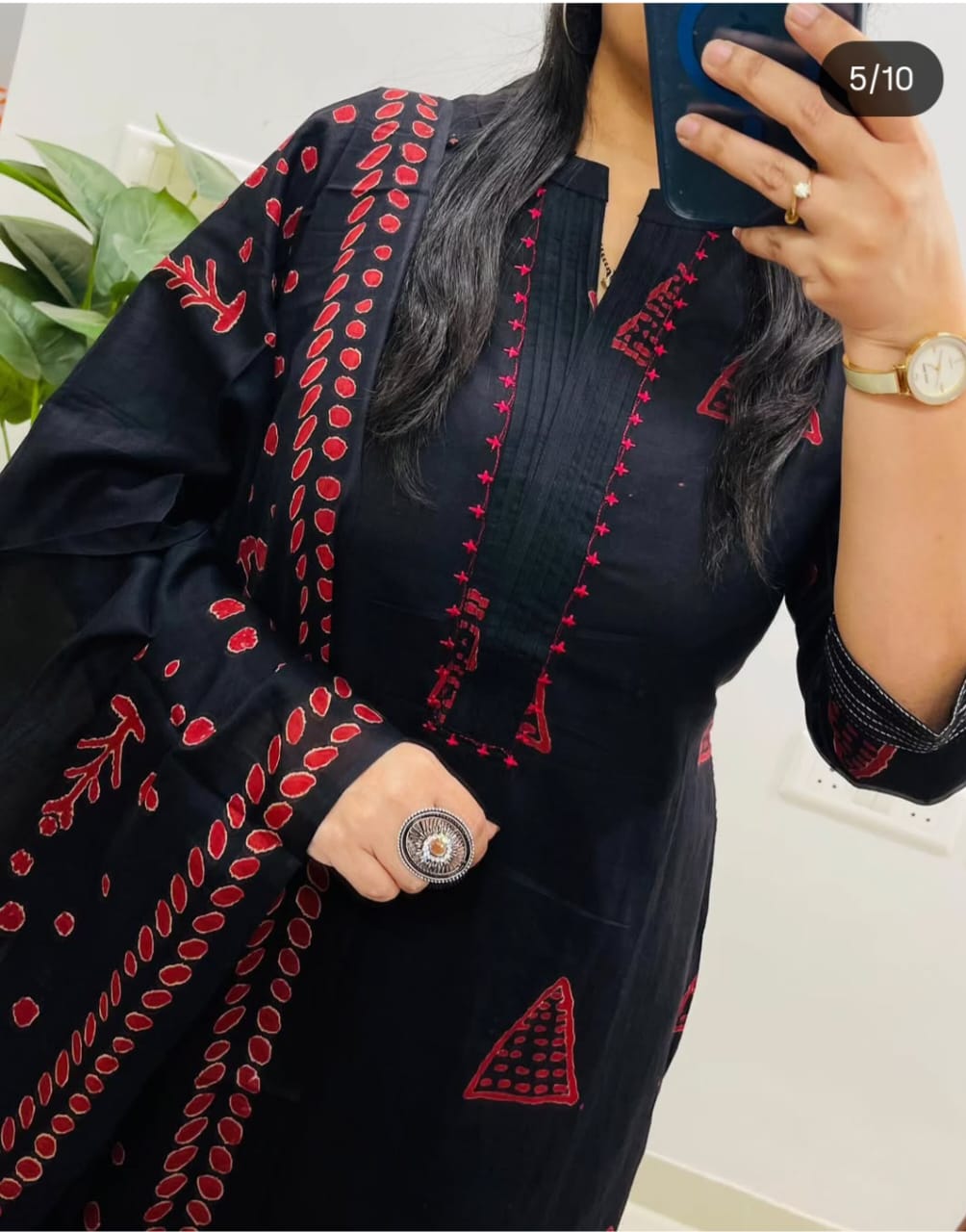 Black Cotton Suit with Thread Work on Yoke | Block Cotton Fabric