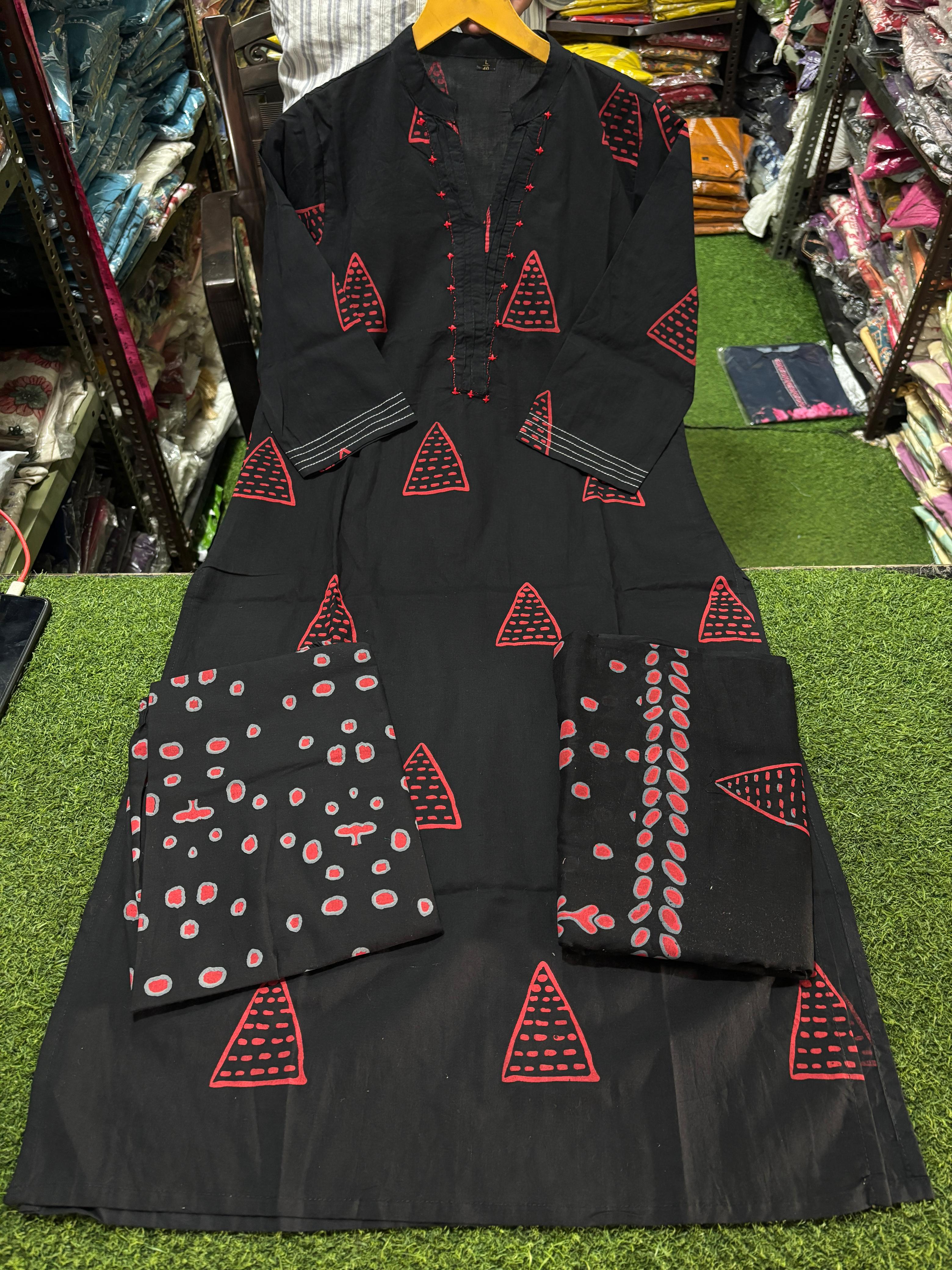 Black Cotton Suit with Thread Work on Yoke | Block Cotton Fabric