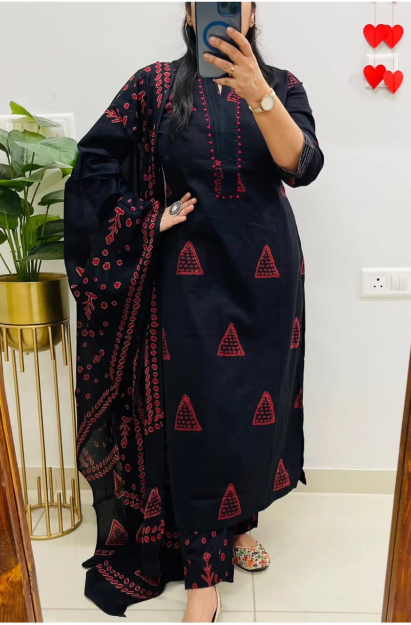 Black Cotton Suit with Thread Work Yoke