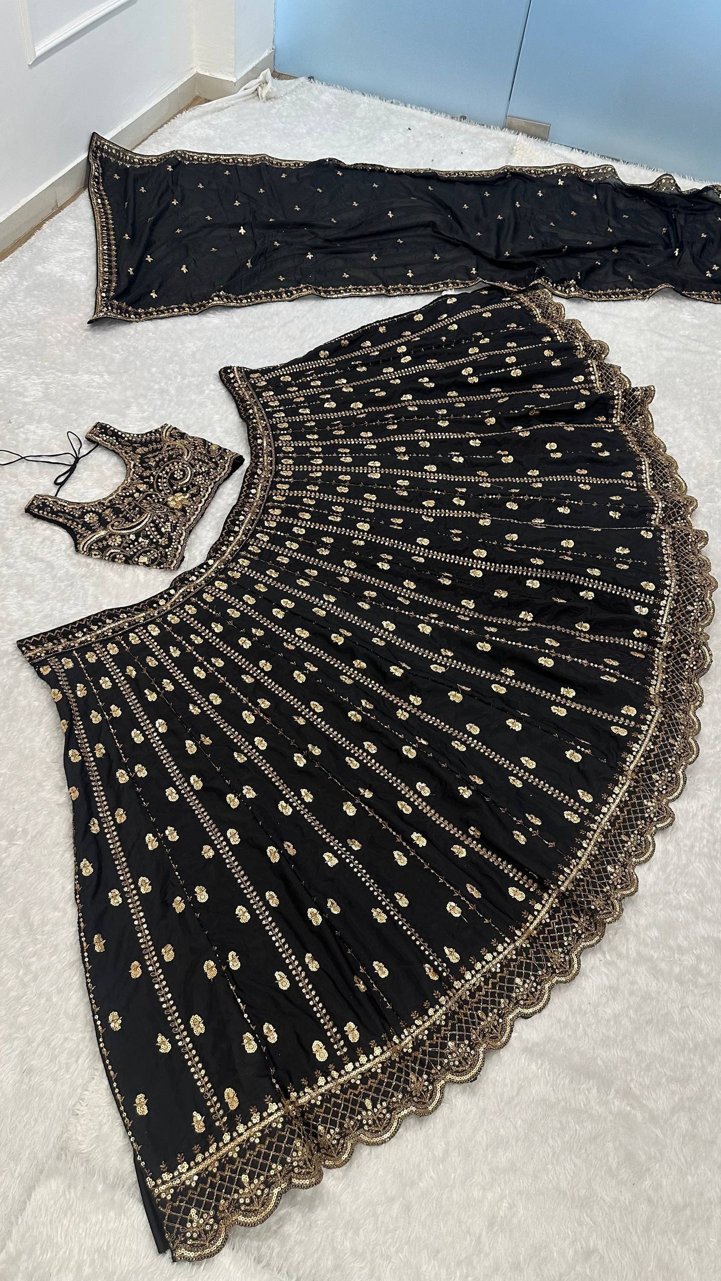 Black Crepe Silk Sequins Lehenga Set
