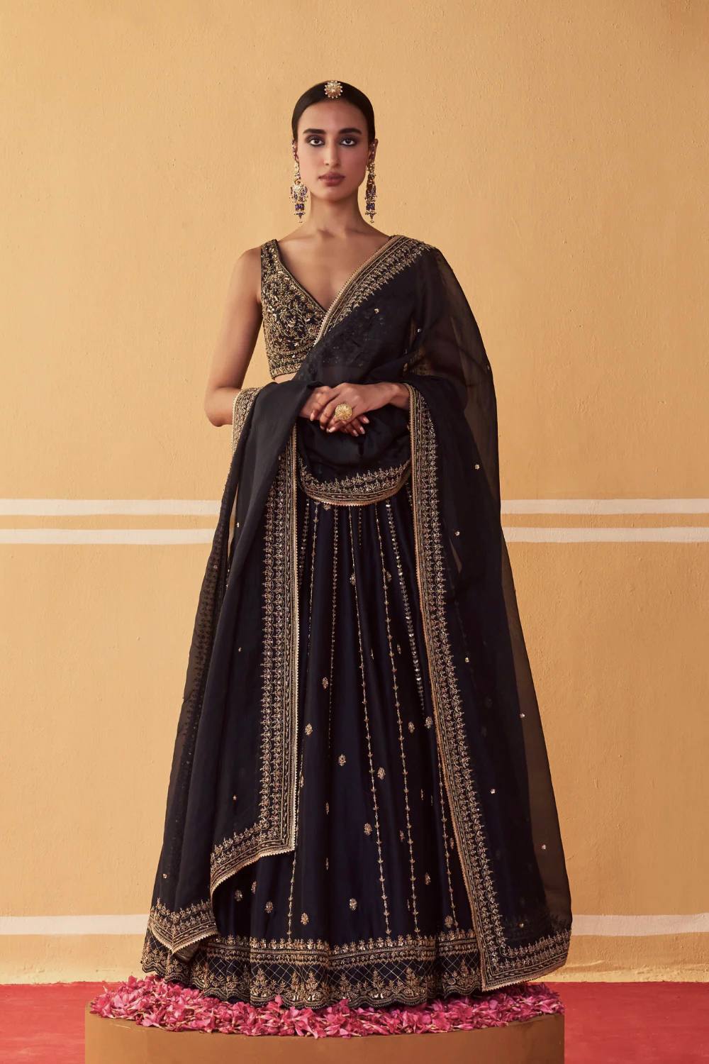 Black Crepe Silk Sequins Lehenga Set