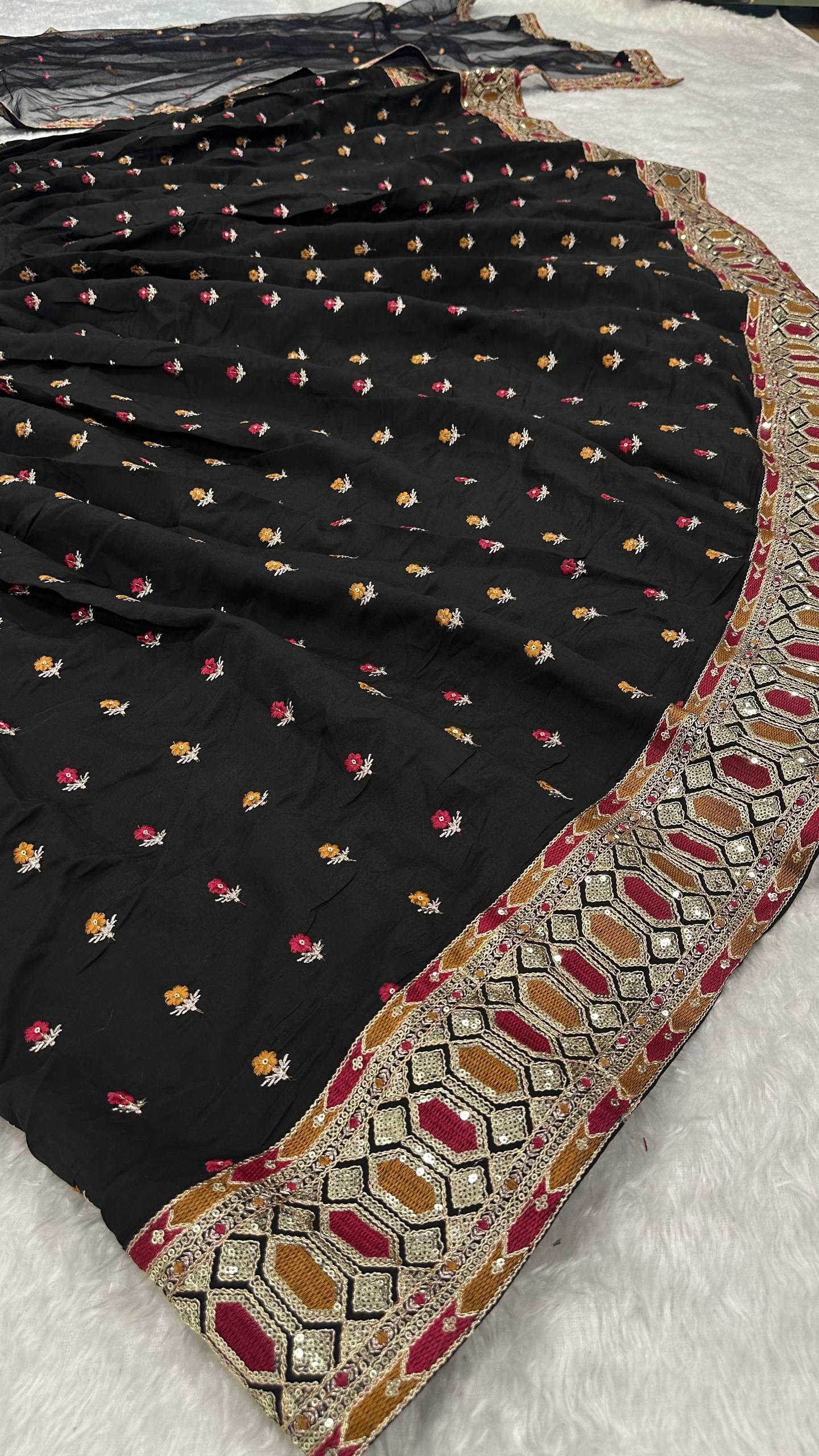 Black Designer Dori Work Lehenga Set