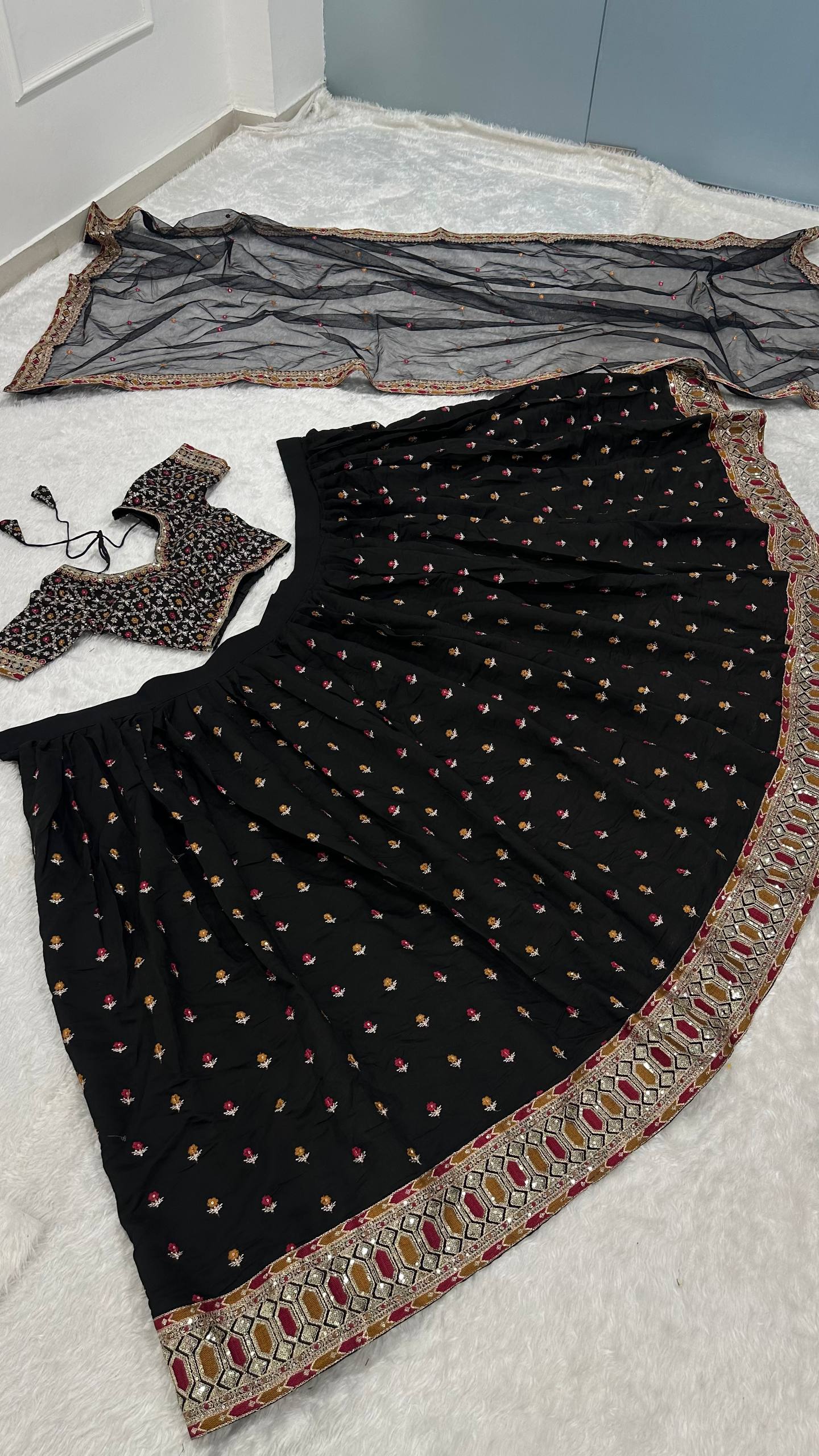 Black Designer Dori Work Lehenga Set