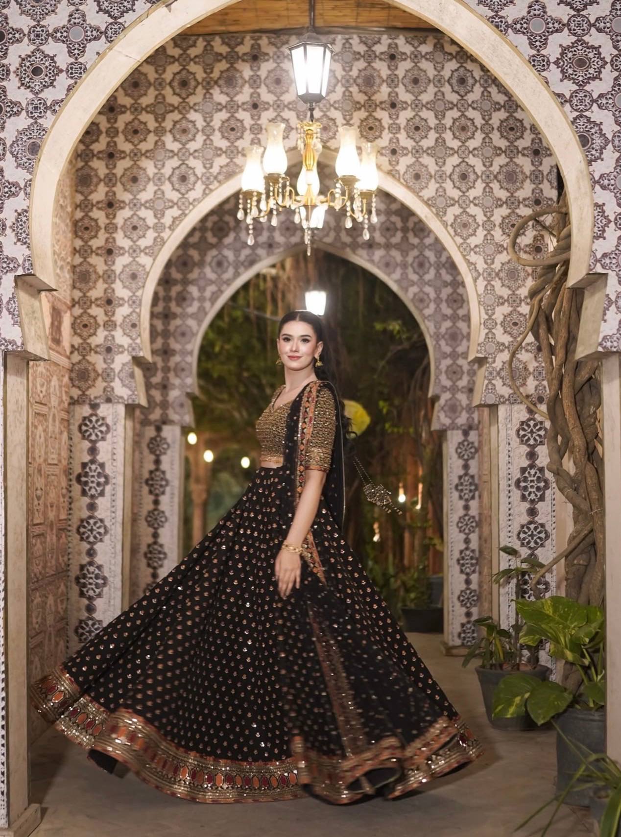 Black Designer Dori Work Lehenga Set