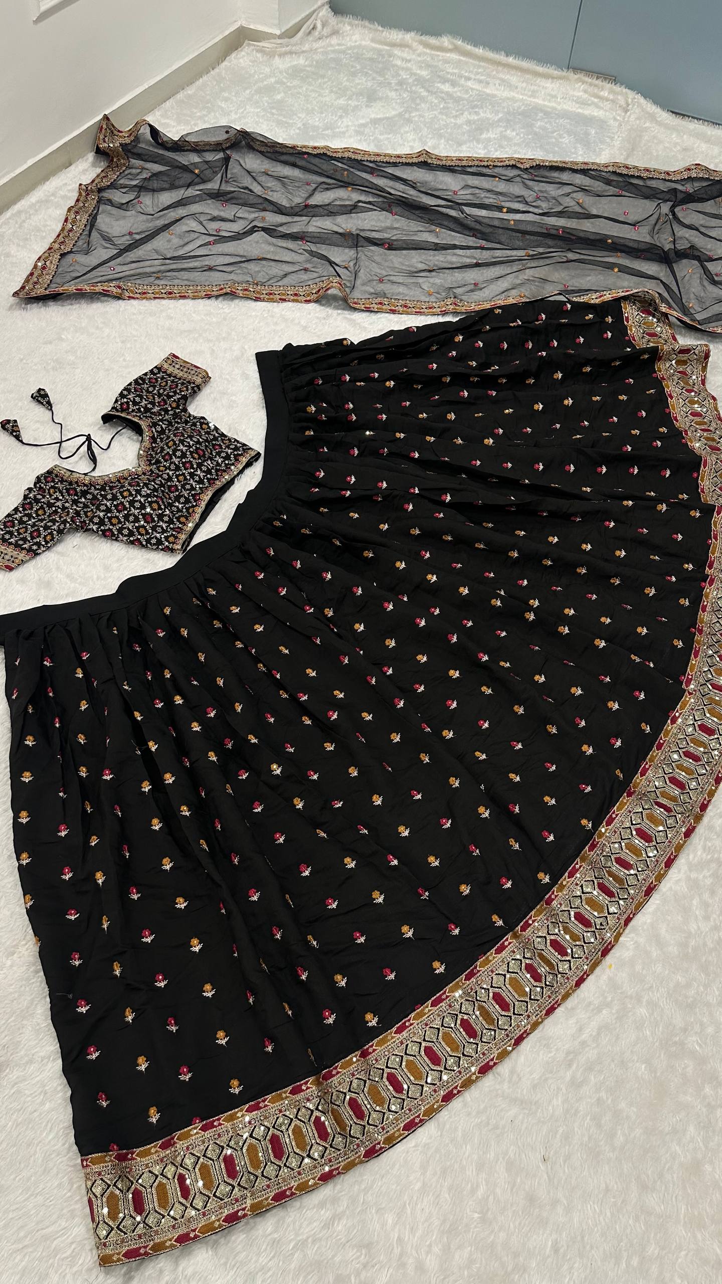 Black Designer Dori Work Lehenga Set
