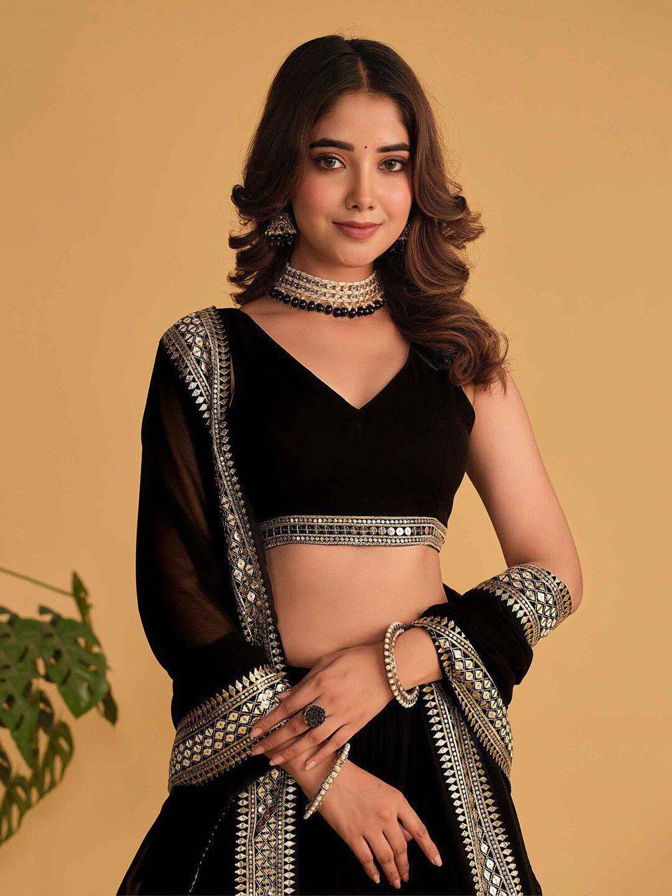 Black Designer Dyeable Faux Blooming Lehenga Choli with 7mm Sequins Embroidery & Lace-Border Dupatta