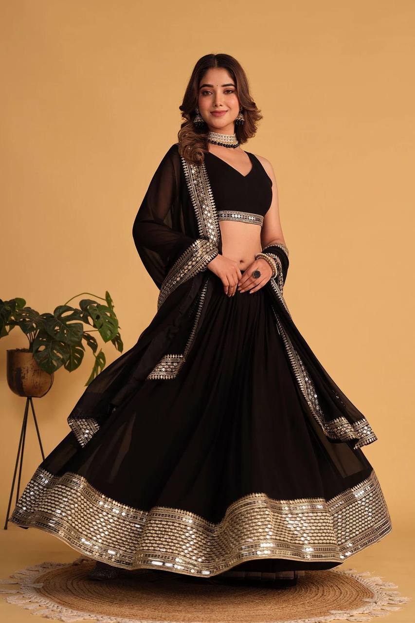 Black Designer Dyeable Faux Blooming Lehenga Choli with 7mm Sequins Embroidery & Lace-Border Dupatta