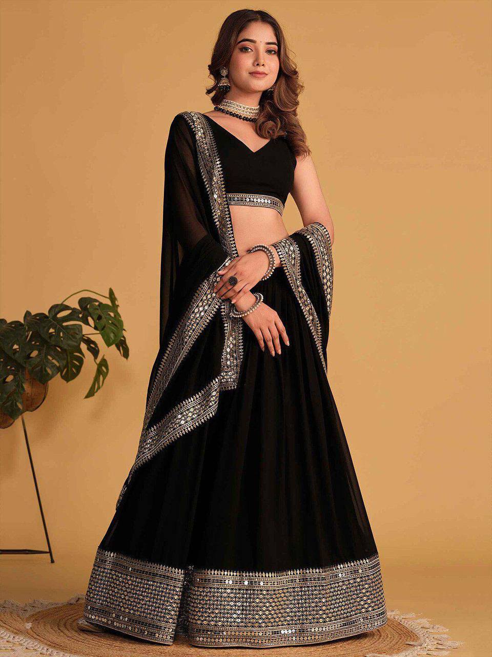 Black Designer Dyeable Faux Blooming Lehenga Choli with 7mm Sequins Embroidery & Lace-Border Dupatta