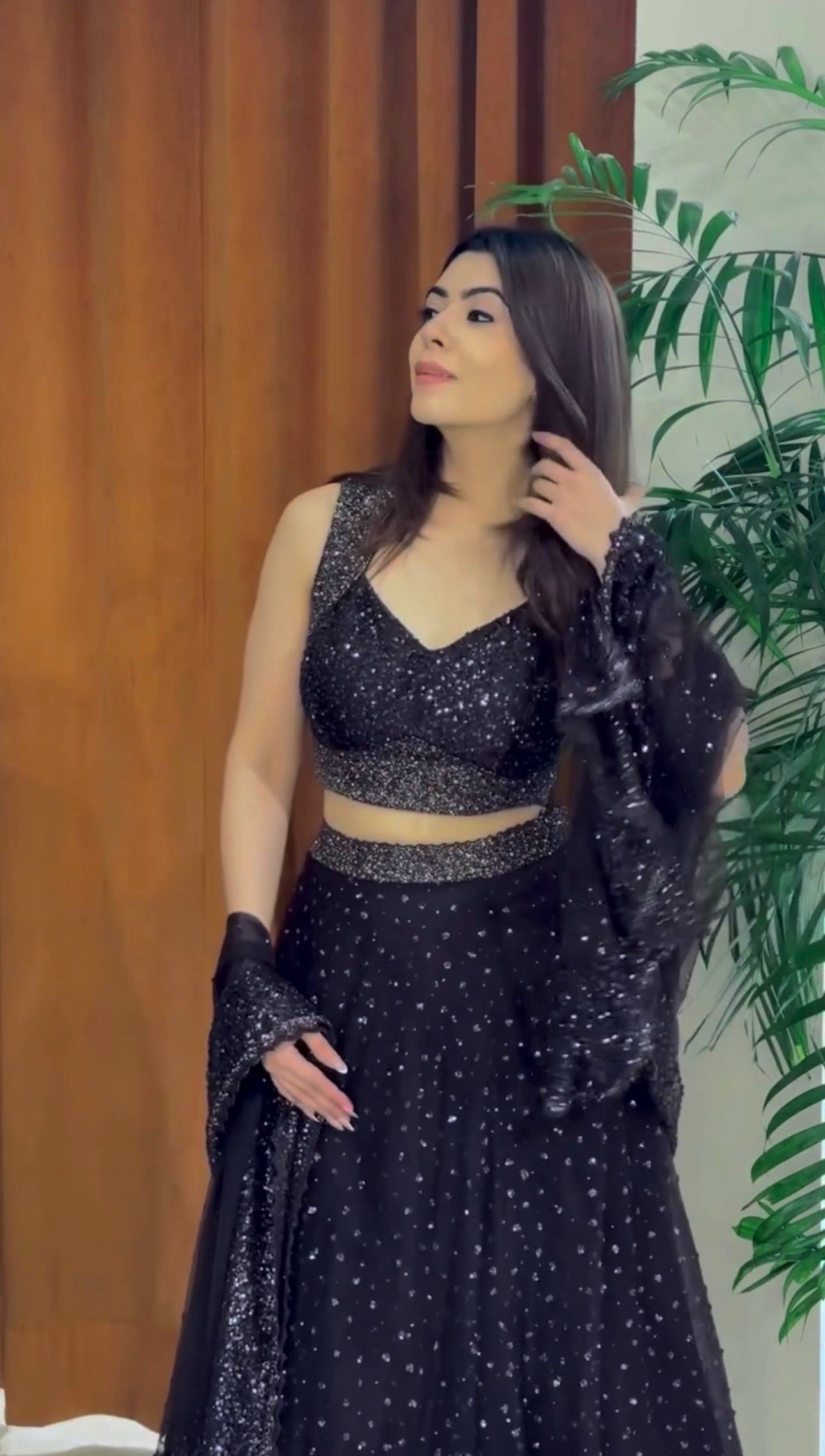 Black Designer Net Sequins & Zari Embroidered Lehenga Choli Set with 3.5 Meter Flair & Matching Dupatta