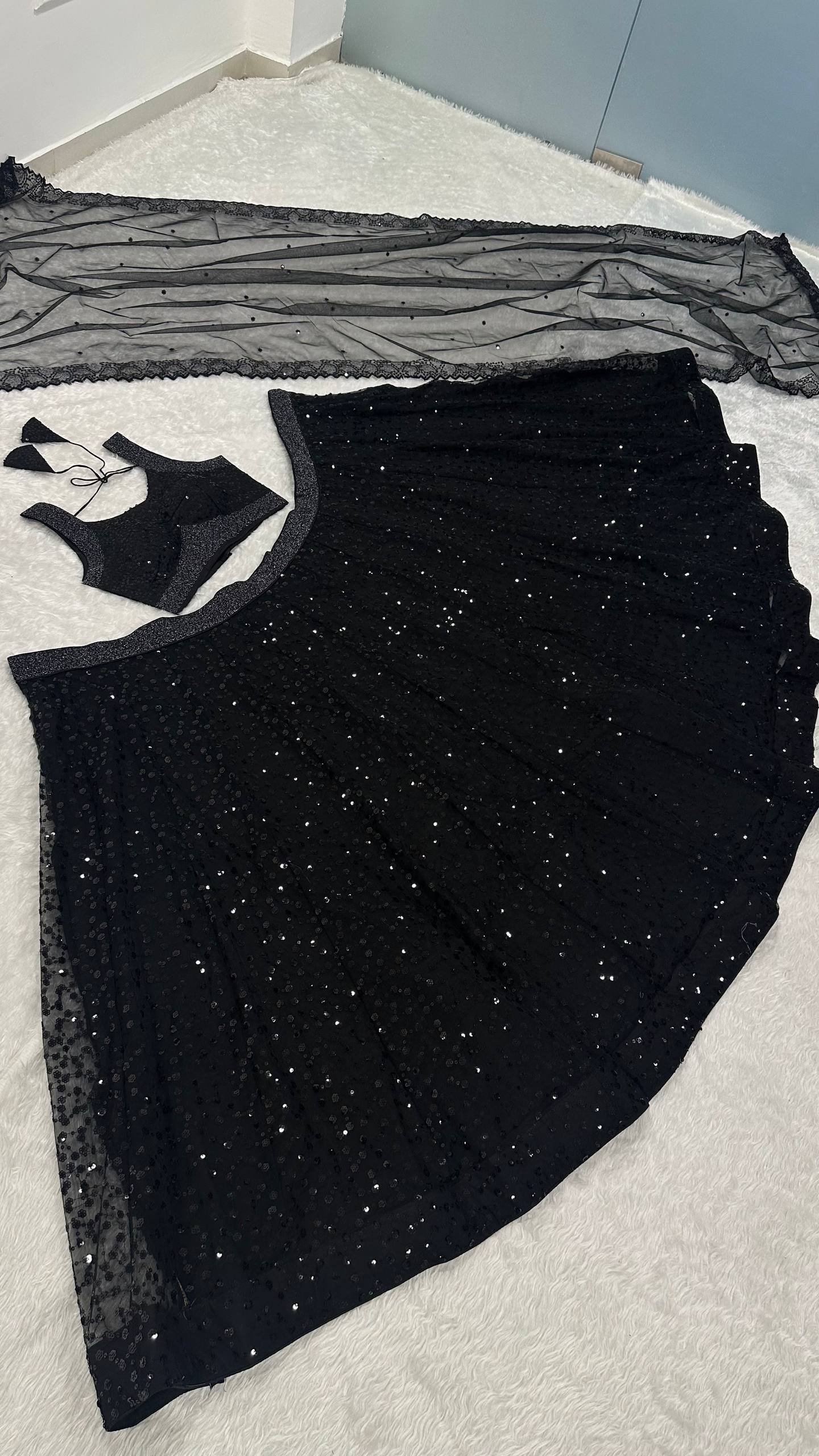 Black Designer Net Sequins & Zari Embroidered Lehenga Choli Set with 3.5 Meter Flair & Matching Dupatta