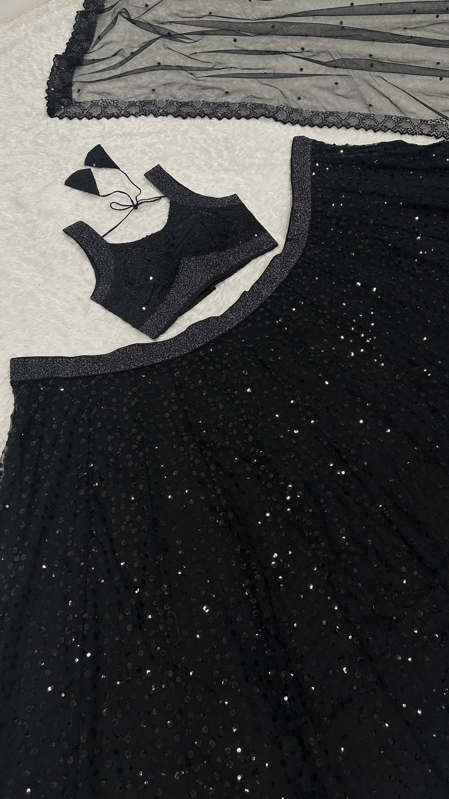 Black Designer Net Sequins & Zari Embroidered Lehenga Choli Set with 3.5 Meter Flair & Matching Dupatta