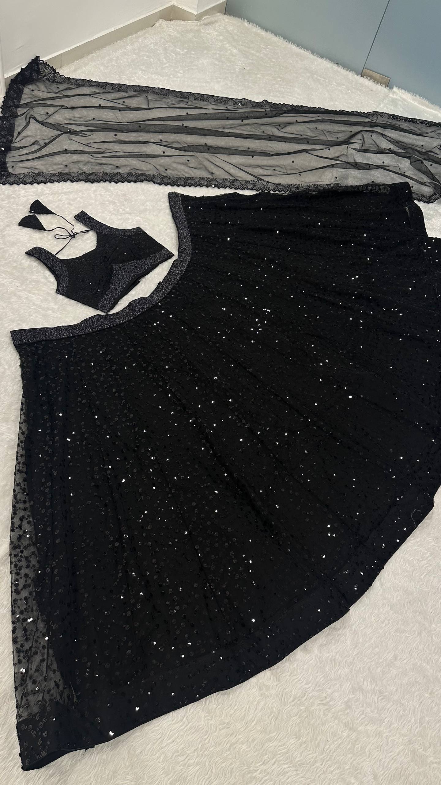 Black Designer Net Sequins & Zari Embroidered Lehenga Choli Set with 3.5 Meter Flair & Matching Dupatta