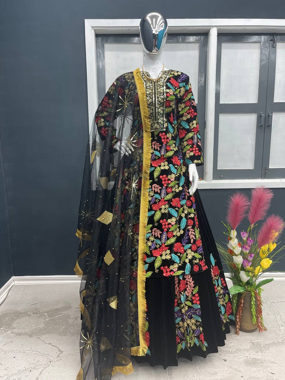 Black Designer Velvet Top-Lehenga & Dupatta Set with Hand Embroidery for Wedding Wear