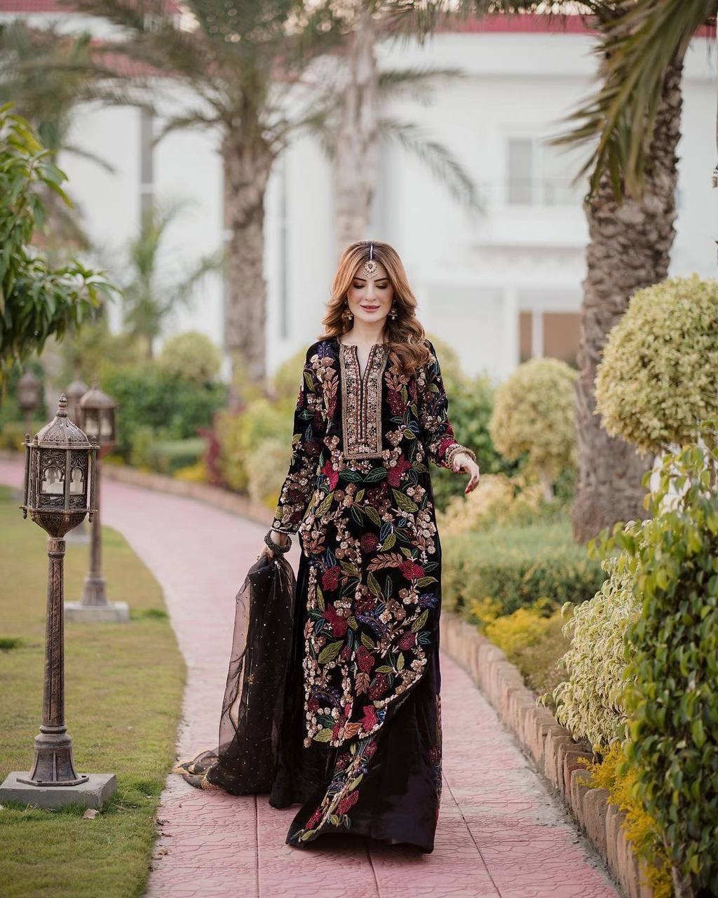 Black Designer Velvet Top-Lehenga & Dupatta Set with Hand Embroidery for Wedding Wear