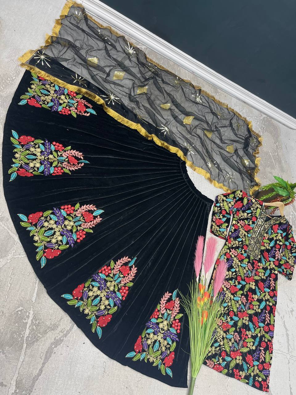 Black Designer Velvet Top-Lehenga & Dupatta Set with Hand Embroidery for Wedding Wear