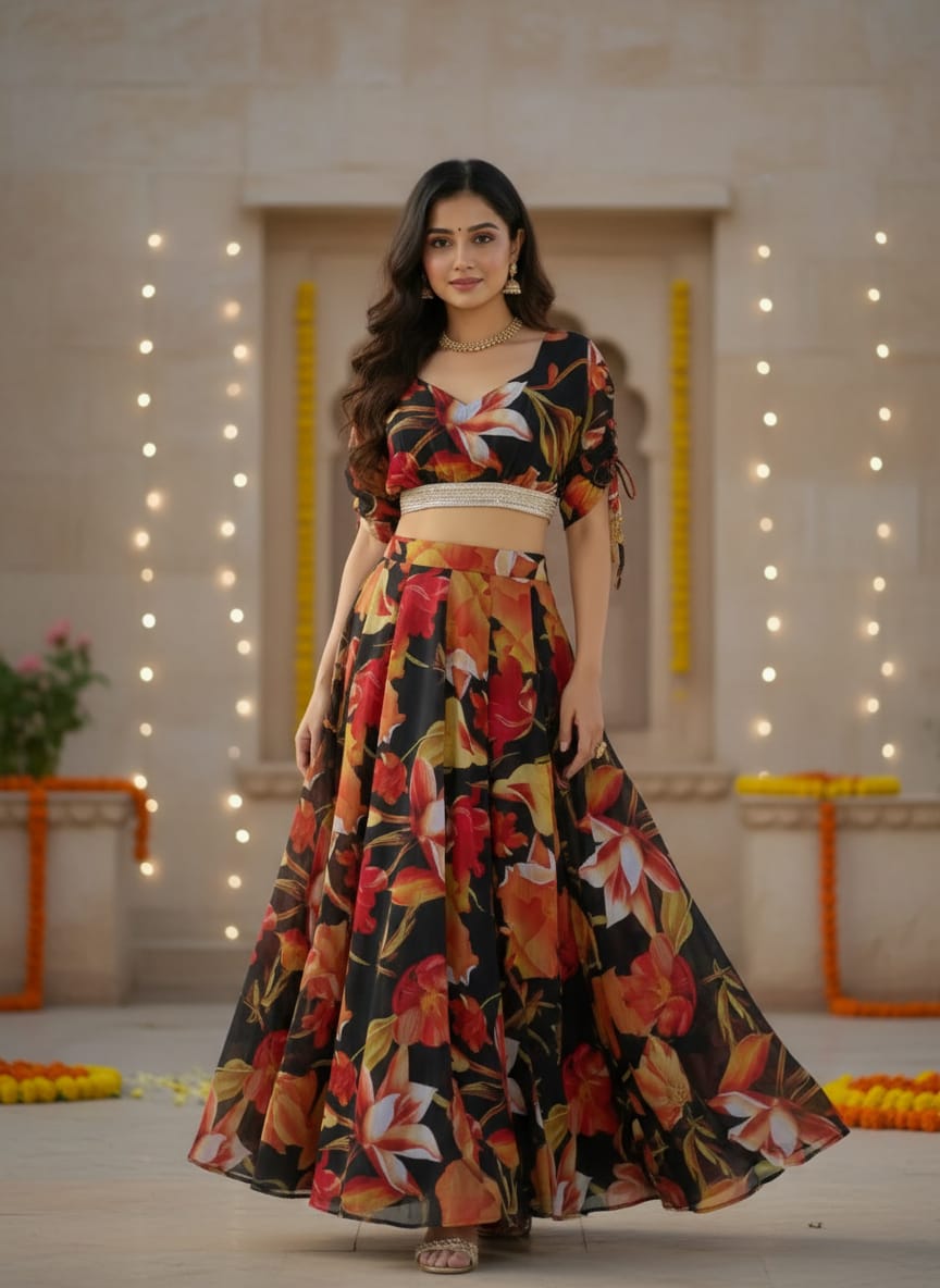 Black Digital Printed Georgette Lehenga Choli Set
