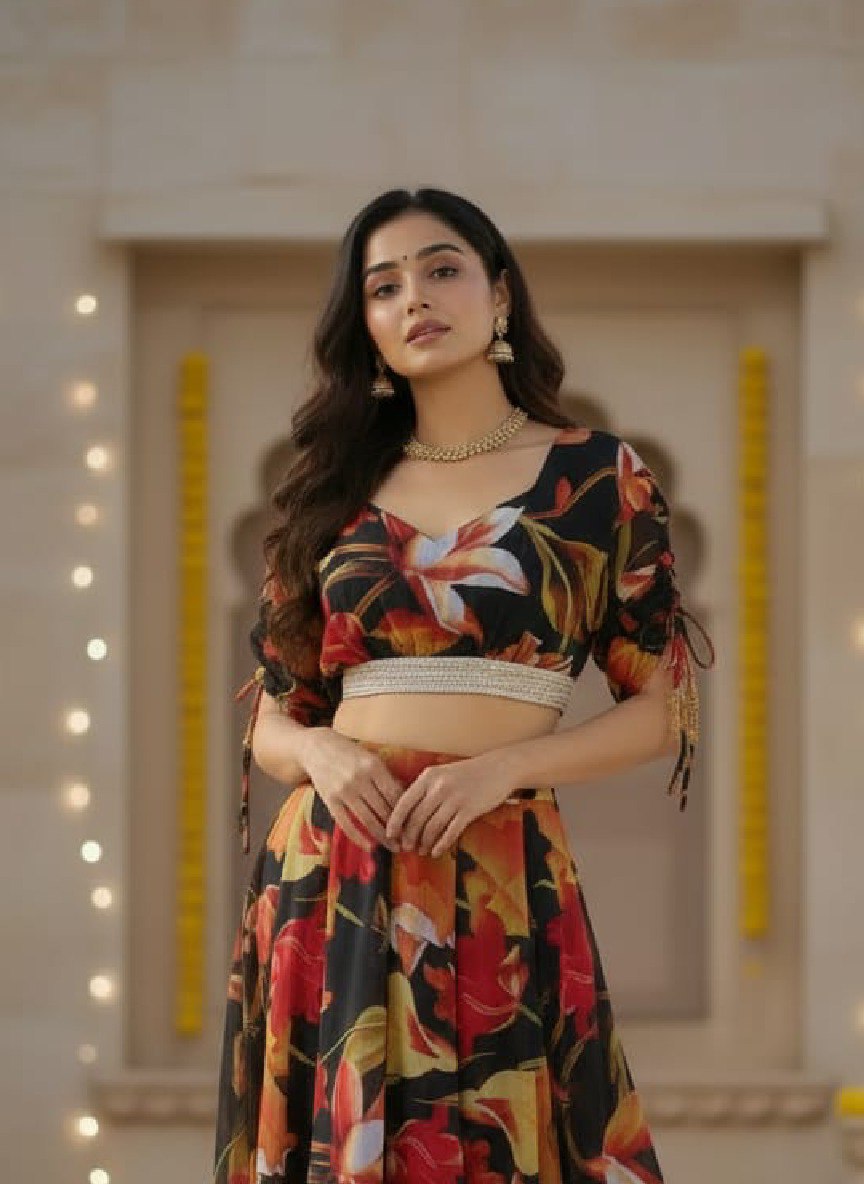 Black Digital Printed Georgette Lehenga Choli Set