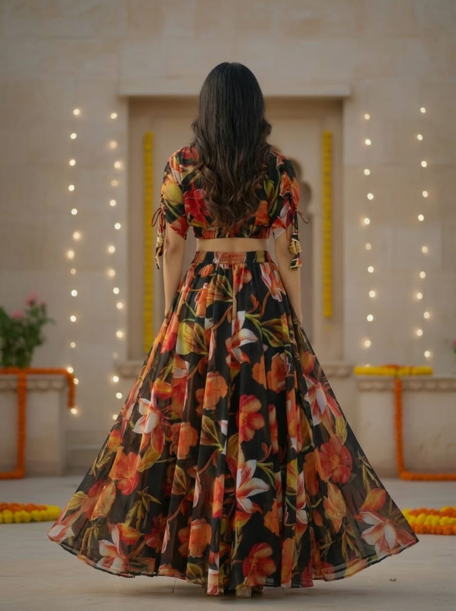 Black Digital Printed Georgette Lehenga Choli Set