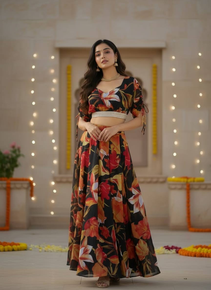 Black Digital Printed Georgette Lehenga Choli Set