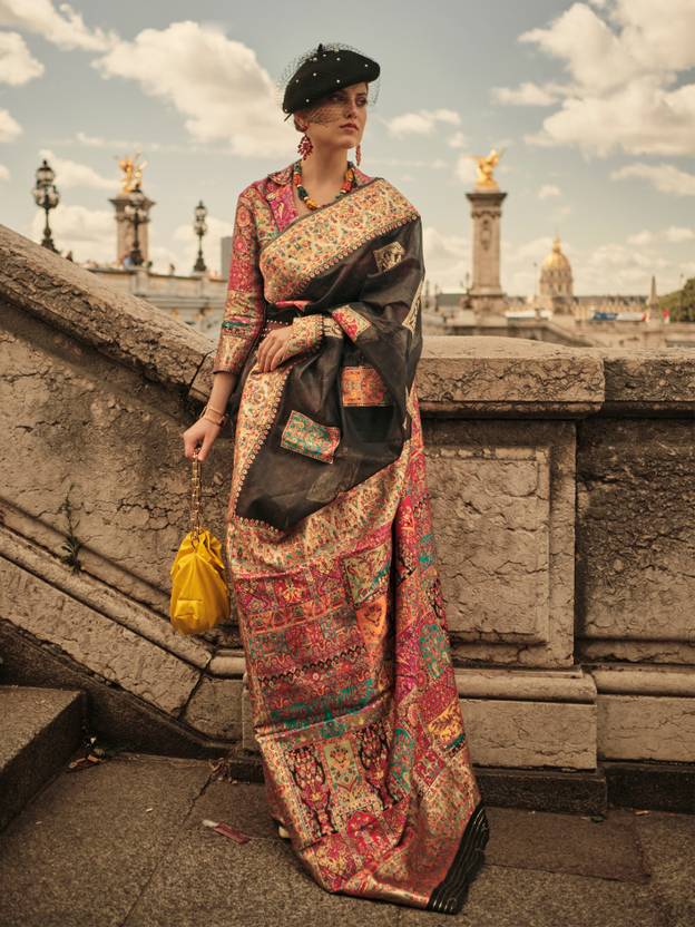 Black Elegant Banarasi Silk Blend Woven Saree with Unstitched Blouse Piece