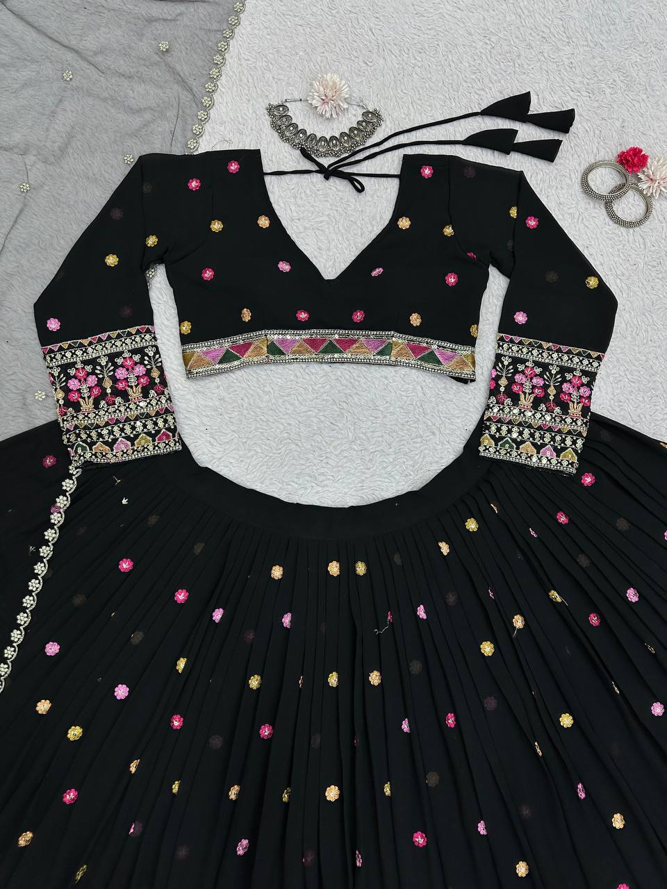 Black Elegant Faux Georgette Lehenga Choli Set with Dupatta – Semi-Stitched Thread & Sequin Work