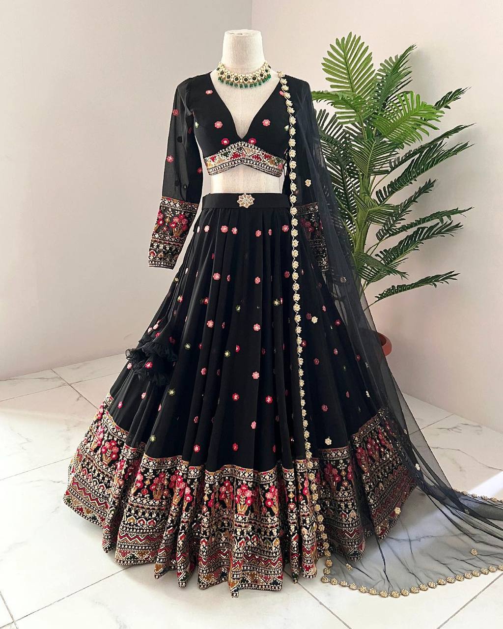 Black Elegant Faux Georgette Lehenga Choli Set with Dupatta – Semi-Stitched Thread & Sequin Work