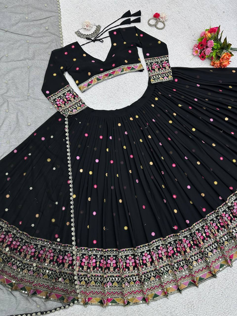 Black Elegant Faux Georgette Lehenga Choli Set with Dupatta – Semi-Stitched Thread & Sequin Work