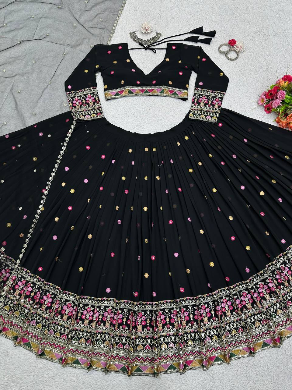 Black Elegant Faux Georgette Lehenga Choli Set with Dupatta – Semi-Stitched Thread & Sequin Work