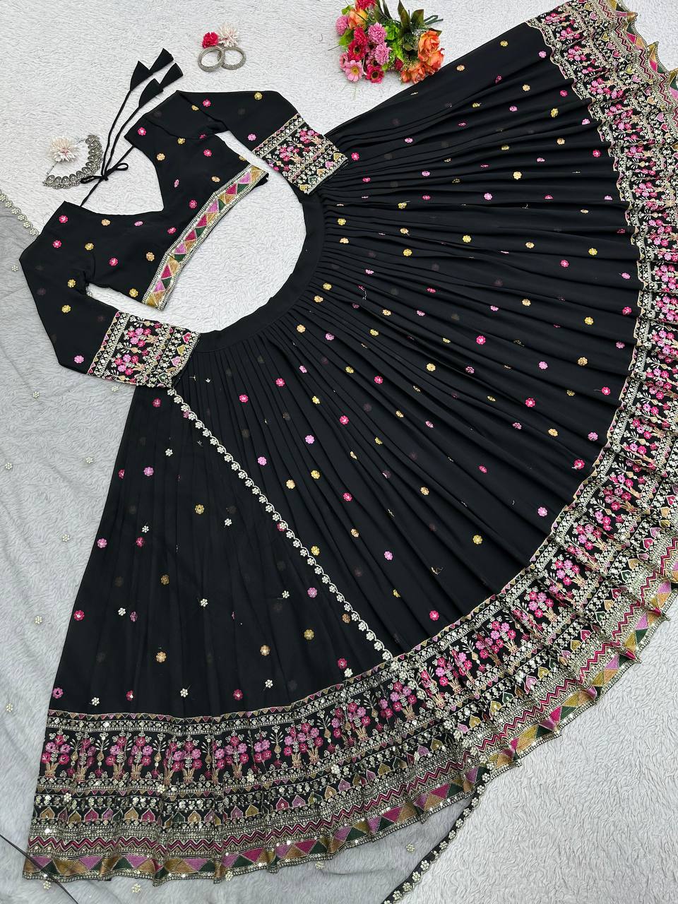 Black Elegant Faux Georgette Lehenga Choli Set with Dupatta – Semi-Stitched Thread & Sequin Work