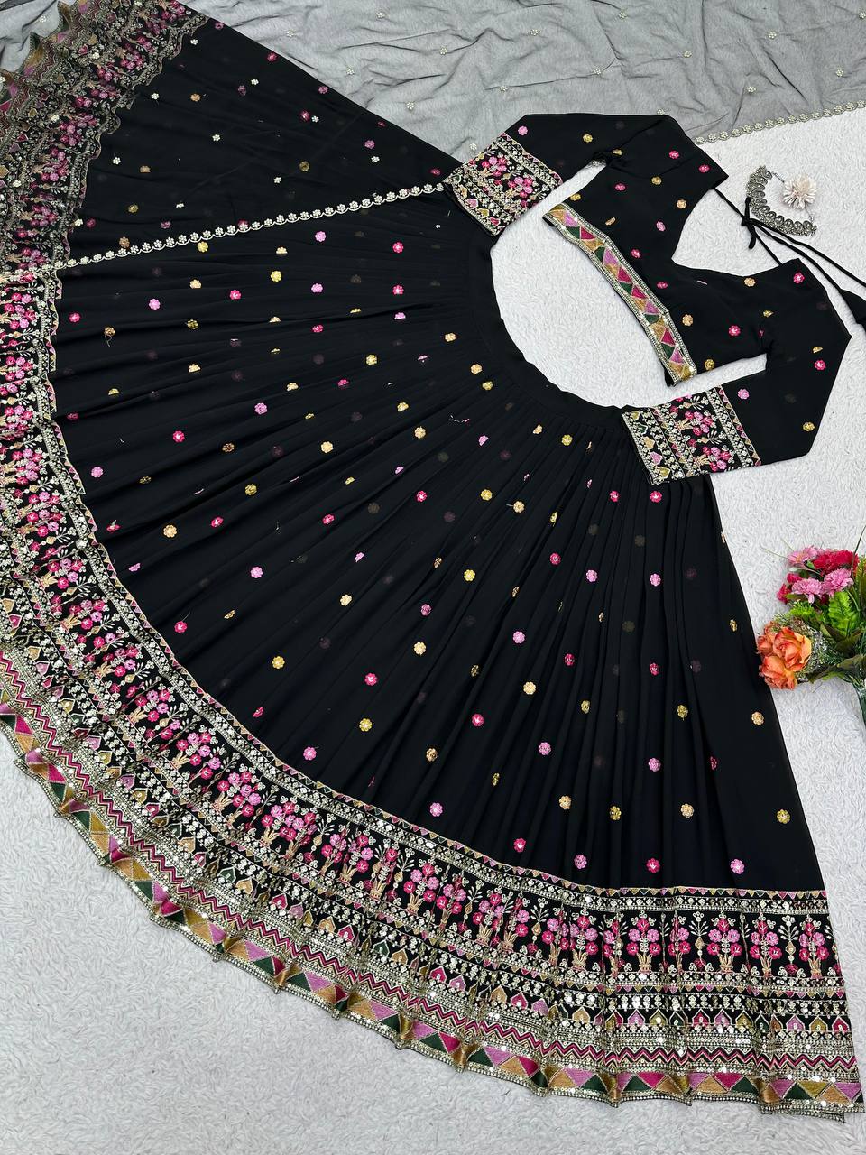 Black Elegant Faux Georgette Lehenga Choli Set with Dupatta – Semi-Stitched Thread & Sequin Work