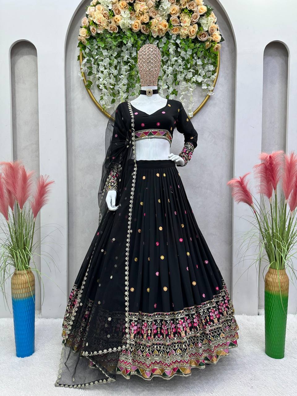 Black Elegant Faux Georgette Lehenga Choli Set with Dupatta – Semi-Stitched Thread & Sequin Work