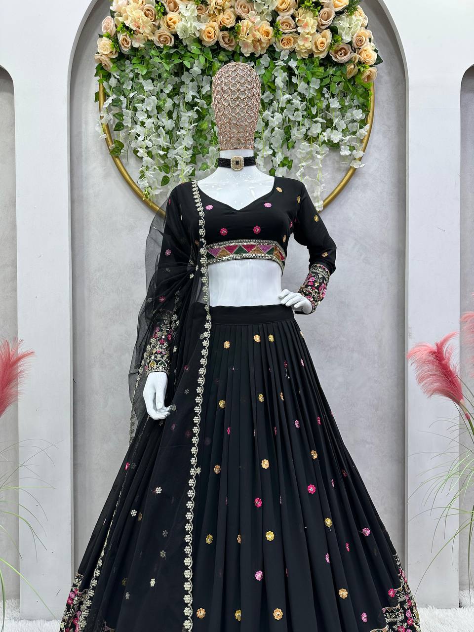 Black Elegant Faux Georgette Lehenga Choli Set with Dupatta – Semi-Stitched Thread & Sequin Work