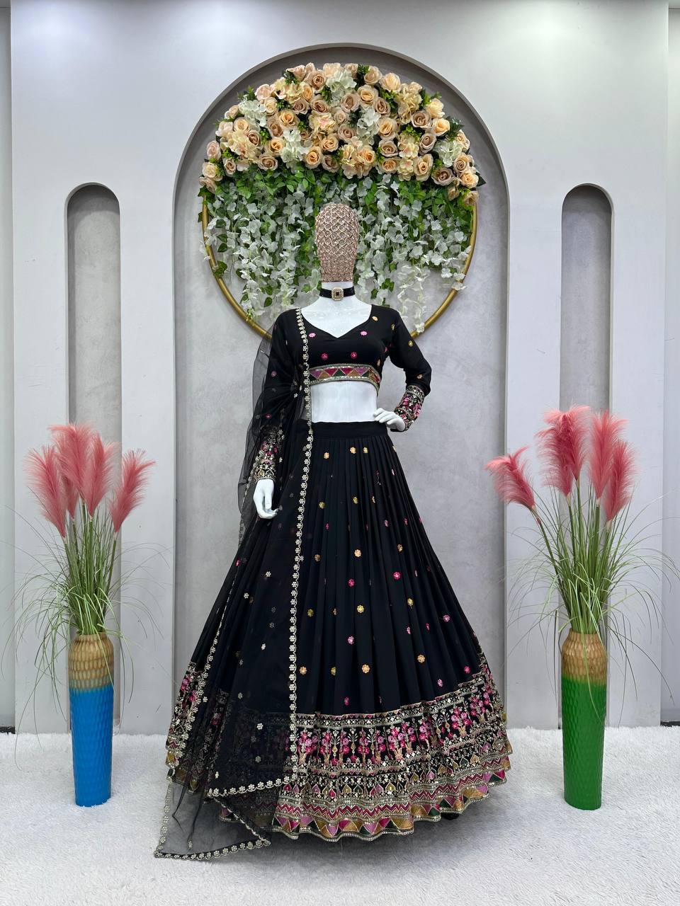 Black Elegant Faux Georgette Lehenga Choli Set with Dupatta – Semi-Stitched Thread & Sequin Work
