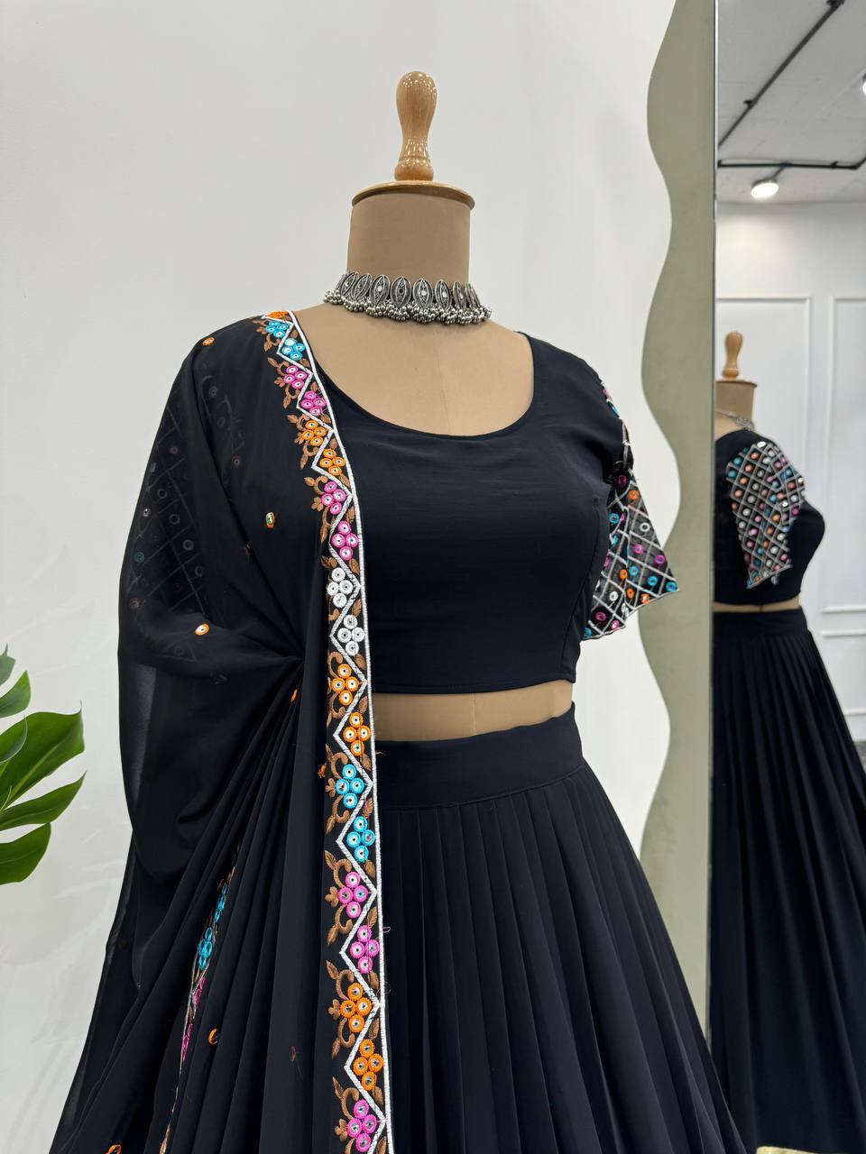 Black Elegant Faux Georgette Semi-Stitched Lehenga Choli Set with Dupatta