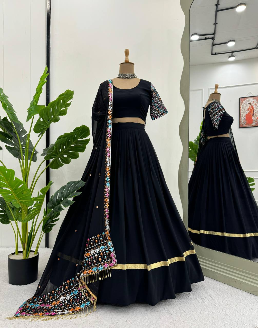 Black Elegant Faux Georgette Semi-Stitched Lehenga Choli Set with Dupatta