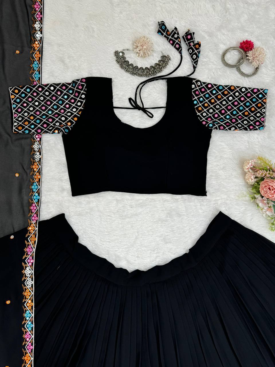 Black Elegant Faux Georgette Semi-Stitched Lehenga Choli Set with Dupatta
