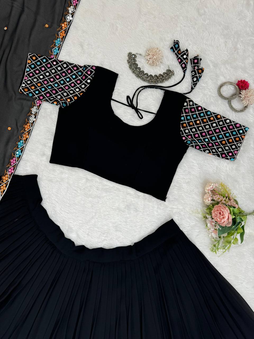 Black Elegant Faux Georgette Semi-Stitched Lehenga Choli Set with Dupatta