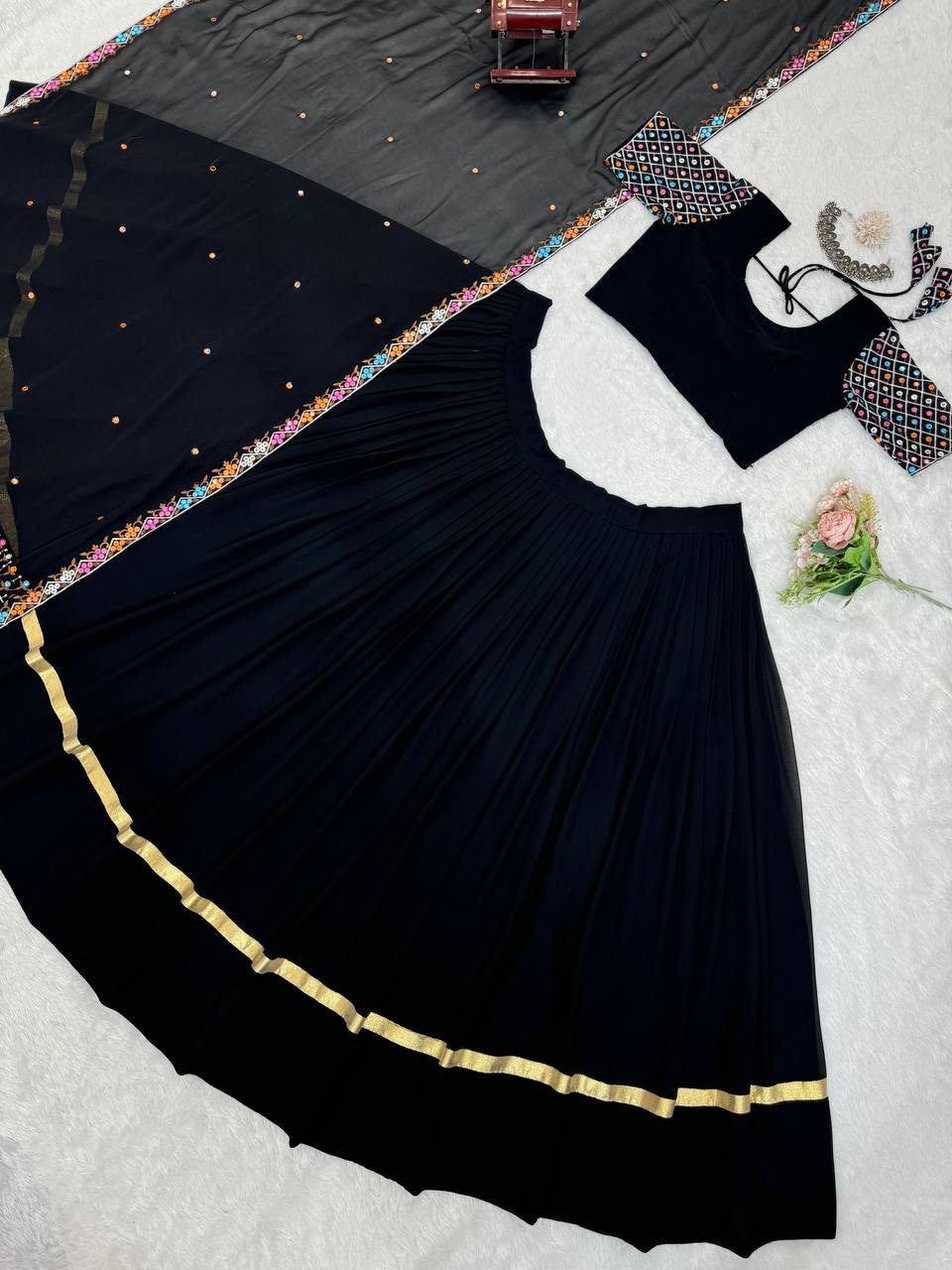 Black Elegant Faux Georgette Semi-Stitched Lehenga Choli Set with Dupatta