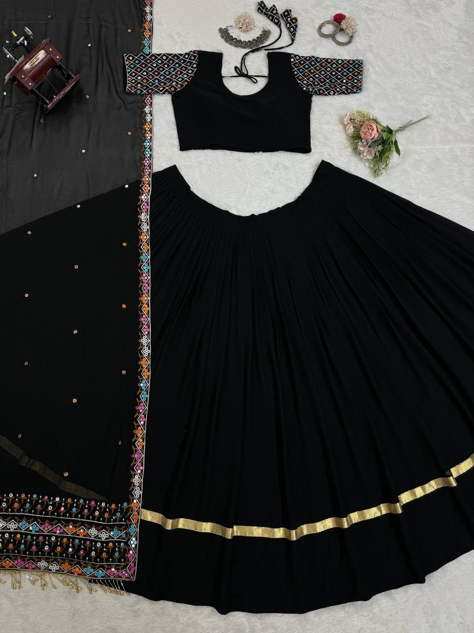 Black Elegant Faux Georgette Semi-Stitched Lehenga Choli Set with Dupatta