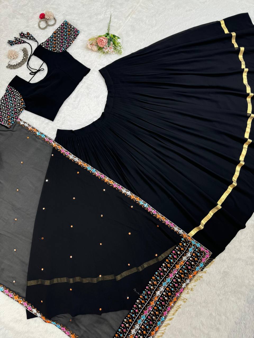 Black Elegant Faux Georgette Semi-Stitched Lehenga Choli Set with Dupatta