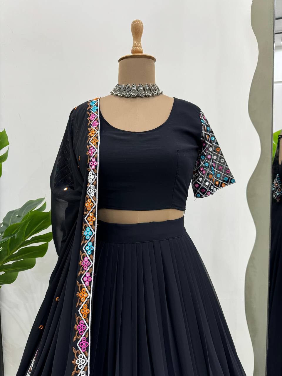 Black Elegant Faux Georgette Semi-Stitched Lehenga Choli Set with Dupatta