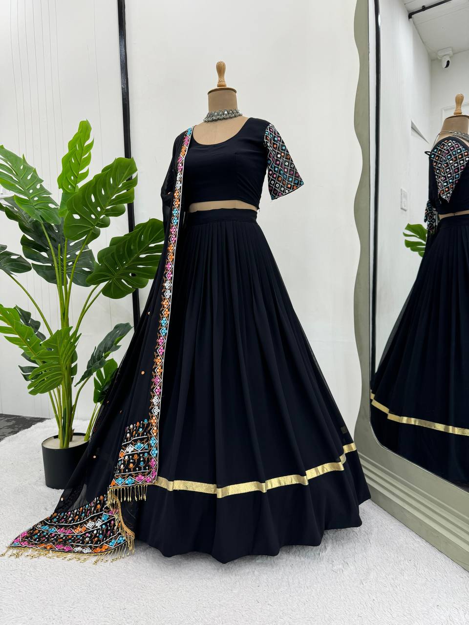 Black Elegant Faux Georgette Semi-Stitched Lehenga Choli Set with Dupatta